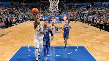 ORLANDO, FL - NOVEMBER 18: Derrick Favors #15 of the Utah Jazz handles the ball against the Orlando Magic on November 18, 2017 at Amway Center in Orlando, Florida. NOTE TO USER: User expressly acknowledges and agrees that, by downloading and or using this photograph, User is consenting to the terms and conditions of the Getty Images License Agreement. Mandatory Copyright Notice: Copyright 2017 NBAE (Photo by Fernando Medina/NBAE via Getty Images)