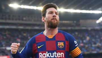 Barcelona's Argentine forward Lionel Messi celebrates after scoring during the Spanish league football match FC Barcelona against SD Eibar at the Camp Nou stadium in Barcelona on February 22, 2020. (Photo by Josep LAGO / AFP) (Photo by JOSEP LAGO/AFP via Getty Images)