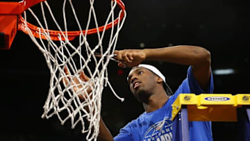 Mar 12, 2016; New York, NY, USA; Seton Hall Pirates guard Khadeen Carrington (0) cuts down the net after the Pirates won the championship game of the Big East conference tournament against Villanova at Madison Square Garden. Seton Hall Pirates defeated Villanova Wildcats 69-67.Mandatory Credit: Noah K. Murray-USA TODAY Sports