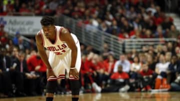 Apr 27, 2015; Chicago, IL, USA; Chicago Bulls guard Jimmy Butler (21) looks on against the Milwaukee Bucks in game five of the first round of the 2015 NBA Playoffs at United Center. The Bucks won 94-88. Mandatory Credit: Kamil Krzaczynski-USA TODAY Sports