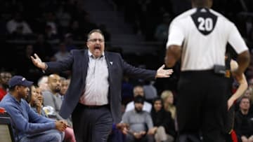 Mar 26, 2016; Auburn Hills, MI, USA; Detroit Pistons head coach Stan Van Gundy yells at referee Leroy Richardson (20) during the second quarter against the Atlanta Hawks at The Palace of Auburn Hills. Mandatory Credit: Raj Mehta-USA TODAY Sports
