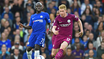 Manchester City midfielder Kevin de Bruyne (17) clears from Chelsea Midfielder Ngolo Kante (7) during the Premier League match between Chelsea and Manchester City at Stamford Bridge, London, England on 30 Sept 2016. (Photo by Kieran Galvin/NurPhoto via Getty Images)
