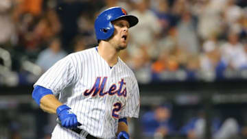 Jul 25, 2015; New York City, NY, USA; New York Mets first baseman Lucas Duda (21) watches his home run ball as he rounds the bases during the sixth inning against the Los Angeles Dodgers at Citi Field. Mandatory Credit: Anthony Gruppuso-USA TODAY Sports