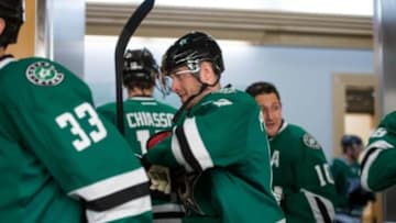 Mar 10, 2014; Dallas, TX, USA; Dallas Stars center Rich Peverley (17) and defenseman Alex Goligoski (33) and defenseman Trevor Daley (6) take the ice to face the Columbus Blue Jackets at the American Airlines Center. Peverley leaves the game during the first period. Mandatory Credit: Jerome Miron-USA TODAY Sports