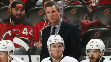 NEWARK, NJ - NOVEMBER 15: Head coach Mike Sullivan of the Pittsburgh Penguins looks on against the New Jersey Devils during the game at the Prudential Center on November 15, 2019 in Newark, New Jersey. (Photo by Andy Marlin/NHLI via Getty Images)