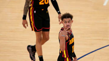 May 23, 2021; New York, New York, USA; Atlanta Hawks guard Trae Young (11) gestures during the second half in game one in the first round of the 2021 NBA Playoffs against the New York Knicks at Madison Square Garden. Mandatory Credit: Seth Wenig/Pool Photo-USA TODAY Sports