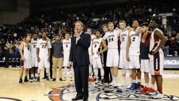 Feb 28, 2015; Spokane, WA, USA; Gonzaga Bulldogs head coach Mark Few speaks to the crowd after a game against the Brigham Young Cougars at McCarthey Athletic Center. The Cougars won 73-70. Mandatory Credit: James Snook-USA TODAY Sports