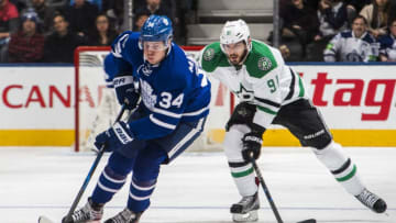 TORONTO, ON - FEBRUARY 7: Auston Matthews #34 of the Toronto Maple Leafs skates against Tyler Seguin #91 of the Dallas Stars during the first period at the Air Canada Centre on February 7, 2017 in Toronto, Ontario, Canada. (Photo by Mark Blinch/NHLI via Getty Images)