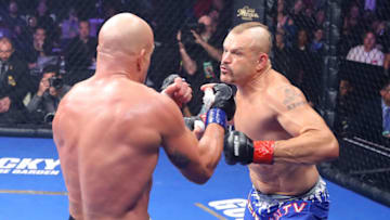 INGLEWOOD, CA - NOVEMBER 24: Chuck Liddell (R) throws a punch against Tito Ortiz during Chuck Liddell v Tito Ortiz 3 at The Forum on November 24, 2018 in Inglewood, California. (Photo by Tom Hogan/Golden Boy/Getty Images)