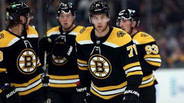BOSTON, MASSACHUSETTS - OCTOBER 16: Taylor Hall #71 of the Boston Bruins looks on during the first period of the Bruins home opener against the Dallas Stars at TD Garden on October 16, 2021 in Boston, Massachusetts. (Photo by Maddie Meyer/Getty Images)