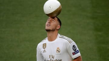 MADRID, SPAIN - JUNE 13: New signing of Real Madrid Eden Hazard attends the press release following his signing ceremony at Santiago Bernabeu Stadium in Madrid, Spain on June 13, 2019. (Photo by Burak Akbulut/Anadolu Agency/Getty Images)