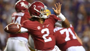 Nov 5, 2016; Baton Rouge, LA, USA; Alabama Crimson Tide quarterback Jalen Hurts (2) passing against the LSU Tigers during the third quarter at Tiger Stadium. Mandatory Credit: John David Mercer-USA TODAY Sports
