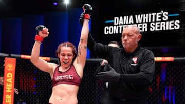LAS VEGAS, NEVADA - OCTOBER 19: Piera Rodriguez reacts after her victory over Valesca Machado in a strawweight fight during Dana White's Contender Series season five, week eight at UFC APEX on October 19, 2021 in Las Vegas, Nevada. (Photo by Chris Unger/Zuffa LLC)