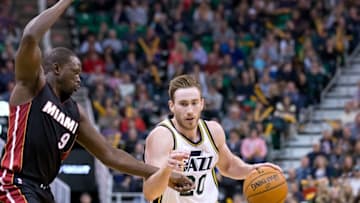 Jan 9, 2016; Salt Lake City, UT, USA; Miami Heat forward Luol Deng (9) defends against Utah Jazz forward Gordon Hayward (20) during the second half at Vivint Smart Home Arena. The Jazz won 98-83. Mandatory Credit: Russ Isabella-USA TODAY Sports