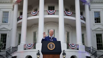 WASHINGTON, DC - JULY 04: U.S. President Joe Biden speaks during a Fourth of July BBQ event to celebrate Independence Day at the South Lawn of the White House July 4, 2021 in Washington, DC. President Biden and first lady Jill Biden hosted about 1,000 guests, including COVID response essential workers and military families, to celebrate the nation’s 245th birthday. (Photo by Alex Wong/Getty Images)