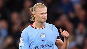 Erling Haaland celebrates his goal against Borussia Dortmund. (Photo by Robbie Jay Barratt - AMA/Getty Images)