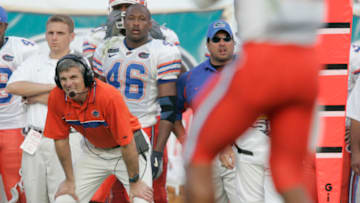 Oct 30, 2004; Jacksonville, FL, USA; Florida Gators lame duck headcoach Ron Zook watches Chris Leak in action against the University of Georgia at Alltel Stadium.Mandatory Credit: Preston Mack-USA TODAY Sports(©) Copyright 2004 by Preston Mack