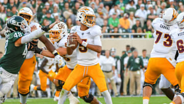 EAST LANSING, MI - SEPTEMBER 14: Michigan State defensive end Kenny Willekes (48) gets around his block to strip the ball from Arizona State quarterback Jayden Daniels (5) during in the football game between the Arizona State Sun Devils and the Michigan State Spartans September 14, 2019 at Spartan Stadium in East Lansing, MI. (Photo by Allan Dranberg/Icon Sportswire via Getty Images)