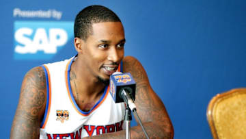Sep 26, 2016; White Plains, NY, USA; New York Knicks point guard Brandon Jennings addresses the media during the New York Knicks Media Day at Ritz-Carlton. Mandatory Credit: Andy Marlin-USA TODAY Sports