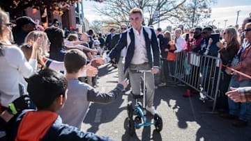 Auburn football quarterback Bo Nix (10) greets fans during tiger walk before Auburn Tigers take on Alabama Crimson Tide at Jordan-Hare Stadium in Auburn, Ala., on Saturday, Nov. 27, 2021.