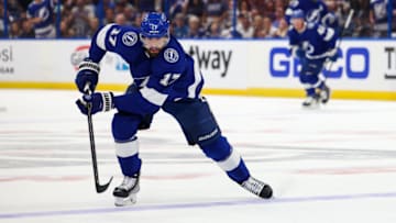 Apr 29, 2023; Tampa, Florida, USA; Tampa Bay Lightning left wing Alex Killorn (17) controls the puck against the Toronto Maple Leafs in the first period during game six of the first round of the 2023 Stanley Cup Playoffs at Amalie Arena. Mandatory Credit: Nathan Ray Seebeck-USA TODAY Sports