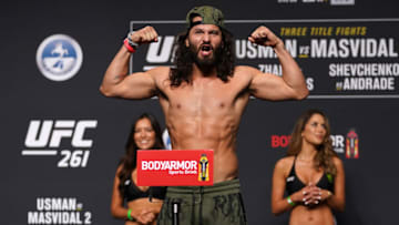 Apr 23, 2021; Jacksonville, Florida, USA; Jorge Masvidal reacts during weigh-ins for UFC 261 at VyStar Veterans Memorial Arena. Mandatory Credit: Jasen Vinlove-USA TODAY Sports