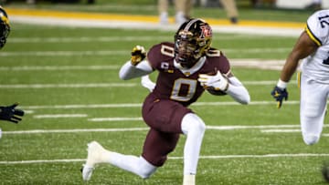 Oct 24, 2020; Minneapolis, Minnesota, USA; Minnesota Golden Gophers wide receiver Rashod Bateman (0) catches a pass in the first half against the Michigan Wolverines at TCF Bank Stadium. Mandatory Credit: Jesse Johnson-USA TODAY Sports