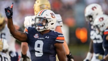 Auburn football linebacker Zakoby McClain (9) shakes his finger after making a stop at Jordan-Hare Stadium in Auburn, Ala., on Saturday, Sept. 4, 2021. Auburn Tigers leads Akron Zips 37-0.