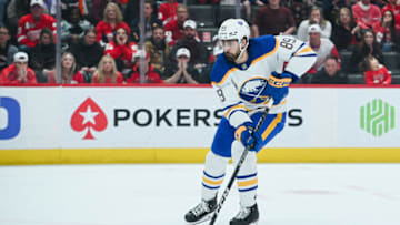 Apr 6, 2023; Detroit, Michigan, USA; Buffalo Sabres right wing Alex Tuch (89) scores a goal during a shootout against the Detroit Red Wings at Little Caesars Arena. Mandatory Credit: Tim Fuller-USA TODAY Sports