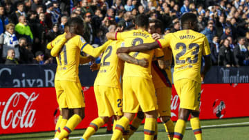 MADRID, SPAIN - NOVEMBER 23: (L-R) Ousmane Dembele of FC Barcelona, Arturo Vidal of FC Barcelona, Luis Suarez of FC Barcelona, Samuel Umtiti of FC Barcelona celebrates goal 1-2 during the La Liga Santander match between Leganes v FC Barcelona at the Estadio Municipal de Butarque on November 23, 2019 in Madrid Spain (Photo by David S. Bustamante/Soccrates/Getty Images)
