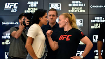 EDMONTON, AB - SEPTEMBER 06: (L-R) UFC women's bantamweight champion Amanda Nunes of Brazil and Valentina Shevchenko of Kyrgyzstan face off for the media during the UFC 215 Ultimate Media Day at Rogers Place on September 6, 2017 in Edmonton, Alberta, Canada. (Photo by Jeff Bottari/Zuffa LLC/Zuffa LLC via Getty Images)