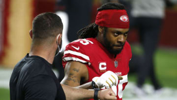 GLENDALE, ARIZONA - DECEMBER 07: Cornerback Richard Sherman #25 of the San Francisco 49ers warms up prior to facing the Buffalo Bills at State Farm Stadium on December 07, 2020 in Glendale, Arizona. (Photo by Ralph Freso/Getty Images)