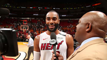 MIAMI, FL - APRIL 11: Wayne Ellington #2 of the Miami Heat speaks to the media after the game against the Toronto Raptors on April 11, 2018 at American Airlines Arena in Miami, Florida. NOTE TO USER: User expressly acknowledges and agrees that, by downloading and or using this Photograph, user is consenting to the terms and conditions of the Getty Images License Agreement. Mandatory Copyright Notice: Copyright 2018 NBAE (Photo by Issac Baldizon/NBAE via Getty Images)