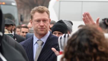 LINCOLN, NE - NOVEMBER 17: Head coach Scott Frost of the Nebraska Cornhuskers greets fans as the team arrives before the game against the Michigan State Spartans at Memorial Stadium on November 17, 2018 in Lincoln, Nebraska. (Photo by Steven Branscombe/Getty Images)