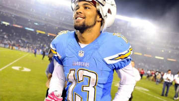 Oct 14, 2013; San Diego, CA, USA; San Diego Chargers receiver Keenan Allen (13) runs off the field after a win against the Indianapolis Colts at Qualcomm Stadium. The Chargers won 19-9. Mandatory Credit: Christopher Hanewinckel-USA TODAY Sports