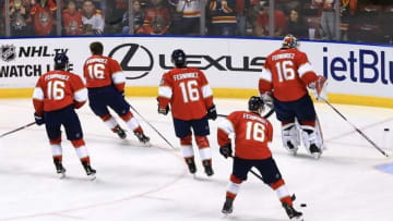 Oct 13, 2016; Sunrise, FL, USA; Florida Panthers players wear number 16 in memory of Miami Marlins pitcher Jose Fernandez before a game against the New Jersey Devils at BB&T Center. Mandatory Credit: Robert Mayer-USA TODAY Sports