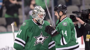 Dec 13, 2016; Dallas, TX, USA; Dallas Stars goalie Antti Niemi (31) and left wing Jamie Benn (14) celebrate the win over the Anaheim Ducks at the American Airlines Center. The Stars defeat the Ducks 6-2. Mandatory Credit: Jerome Miron-USA TODAY Sports