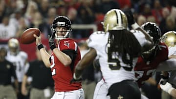 Jan 1, 2017; Atlanta, GA, USA; Atlanta Falcons quarterback Matt Ryan (2) attempts a pass as New Orleans Saints outside linebacker Dannell Ellerbe (59) applies pressure in the third quarter of their game at the Georgia Dome. The Falcons won 38-32. Mandatory Credit: Jason Getz-USA TODAY Sports