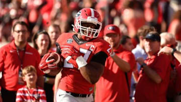 Sep 19, 2015; Athens, GA, USA; Georgia Bulldogs running back Nick Chubb (27) warms up on the field prior to the game against the South Carolina Gamecocks at Sanford Stadium. Mandatory Credit: Dale Zanine-USA TODAY Sports