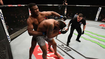 BEIJING, CHINA - NOVEMBER 24: (L-R) Francis Ngannou of Cameroon punches Curtis Blaydes in their heavyweight bout during the UFC Fight Night event inside Cadillac Arena on November 24, 2018 in Beijing, China. (Photo by Jeff Bottari/Zuffa LLC/Zuffa LLC via Getty Images)