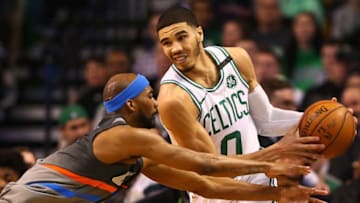 BOSTON, MA - MARCH 20: Jayson Tatum #0 of the Boston Celtics drives to the basket during a game against the Oklahoma City Thunder at TD Garden on March 20, 2018 in Boston, Massachusetts. NOTE TO USER: User expressly acknowledges and agrees that, by downloading and or using this photograph, User is consenting to the terms and conditions of the Getty Images License Agreement. (Photo by Adam Glanzman/Getty Images)