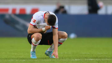 STUTTGART, GERMANY - FEBRUARY 19: Konstantinos Mavropanos of VfB Stuttgart reacts after111 the Bundesliga match between VfB Stuttgart and VfL Bochum at Mercedes-Benz Arena on February 19, 2022 in Stuttgart, Germany. (Photo by Christian Kaspar-Bartke/Getty Images)