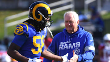LOS ANGELES, CA - DECEMBER 29: Defensive coordinator Wade Phillips shakes hands with inside linebacker Cory Littleton #58 of the Los Angeles Rams during pregame warm up for the game against the Arizona Cardinals at the Los Angeles Memorial Coliseum on December 29, 2019 in Los Angeles, California. (Photo by Jayne Kamin-Oncea/Getty Images)