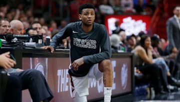 MIAMI, FLORIDA - NOVEMBER 16: Nickeil Alexander-Walker #0 of the New Orleans Pelicans waits to check in against the Miami Heat during the first half at American Airlines Arena on November 16, 2019 in Miami, Florida. NOTE TO USER: User expressly acknowledges and agrees that, by downloading and/or using this photograph, user is consenting to the terms and conditions of the Getty Images License Agreement. (Photo by Michael Reaves/Getty Images)