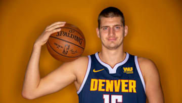 DENVER, CO - SEPTEMBER 24: Nikola Jokic #15 of the Denver Nuggets poses for a portrait during the Denver Nuggets Media Day at the Pepsi Center on September 24, 2018 in Denver, Colorado. NOTE TO USER: User expressly acknowledges and agrees that, by downloading and or using this photograph, User is consenting to the terms and conditions of the Getty Images License Agreement. (Photo by Jamie Schwaberow/Getty Images)
