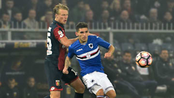 GENOA, ITALY - MARCH 11: Lucas Torreira of Sampdoria and Oscar Hiljemark of Genoa during the Serie A match between Genoa CFC and UC Sampdoria at Stadio Luigi Ferraris on March 11, 2017 in Genoa, Italy. (Photo by Paolo Rattini/Getty Images)