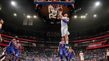 ORLANDO, FL - NOVEMBER 8: Aaron Gordon #00 of the Orlando Magic dunks the ball against the New York Knicks n November 8, 2017 at Amway Center in Orlando, Florida. NOTE TO USER: User expressly acknowledges and agrees that, by downloading and or using this photograph, user is consenting to the terms and conditions of the Getty Images License Agreement. Mandatory Copyright Notice: Copyright 2017 NBAE (Photo by Fernando Medina/NBAE via Getty Images)