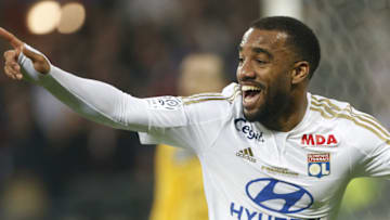 LYON, FRANCE - JANUARY 9: Alexandre Lacazette of Lyon celebrates his goal during the French Ligue 1 match between Olympique Lyonnais (OL) and Troyes ESTAC at their brand new stadium, Parc OL on January 9, 2016 in Lyon, France. (Photo by Jean Catuffe/Getty Images)