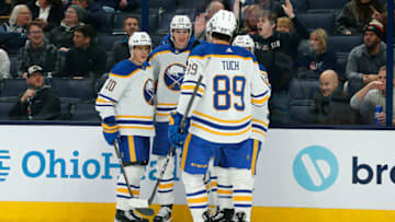 Dec 7, 2022; Columbus, Ohio, USA; Buffalo Sabres center Tage Thompson (72) celebrates his goal against the Columbus Blue Jackets during the first period at Nationwide Arena. Mandatory Credit: Russell LaBounty-USA TODAY Sports