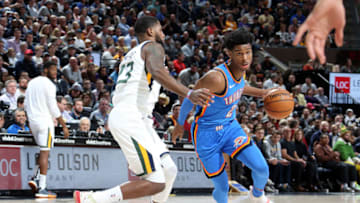 SALT LAKE CITY, UT - DECEMBER 9: Shai Gilgeous-Alexander #2 of the Oklahoma City Thunder handles the ball during the game against the Utah Jazz on December 9, 2019 at Vivint Smart Home Arena in Salt Lake City, Utah. NOTE TO USER: User expressly acknowledges and agrees that, by downloading and or using this Photograph, User is consenting to the terms and conditions of the Getty Images License Agreement. Mandatory Copyright Notice: Copyright 2019 NBAE (Photo by Melissa Majchrzak/NBAE via Getty Images)